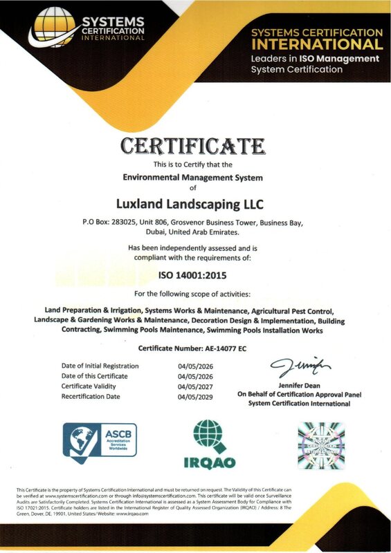 ISO 14001:2015 Environmental Management System certificate awarded to Luxland Landscaping LLC
