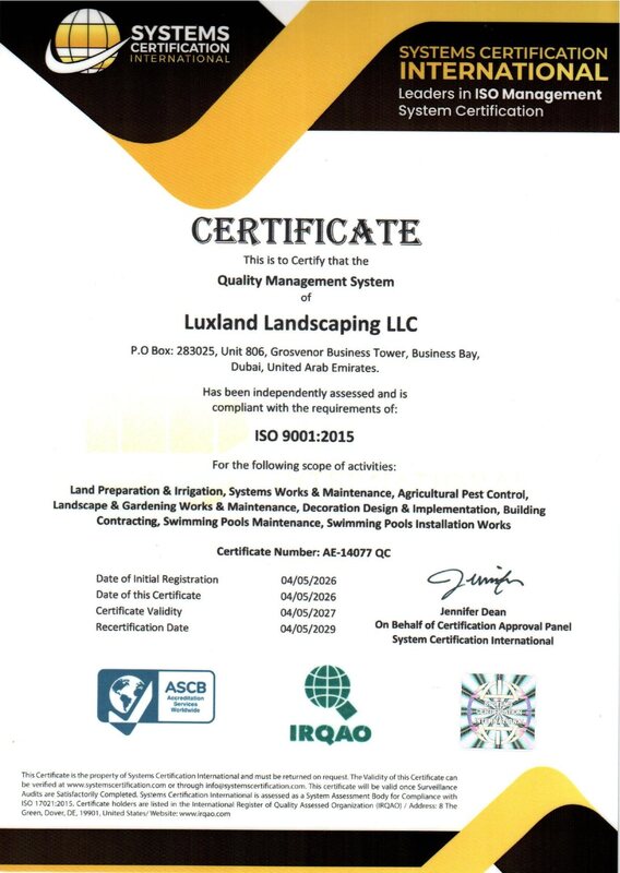 ISO 9001:2015 Quality Management System certificate awarded to Luxland Landscaping LLC