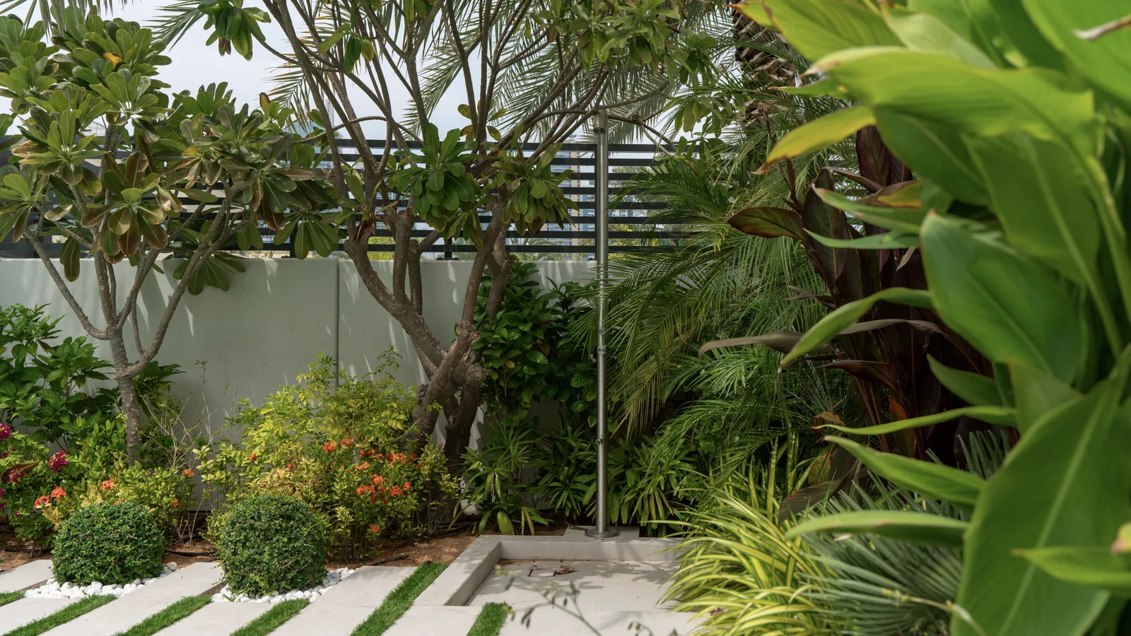 Tropical corner planting with stepping stones