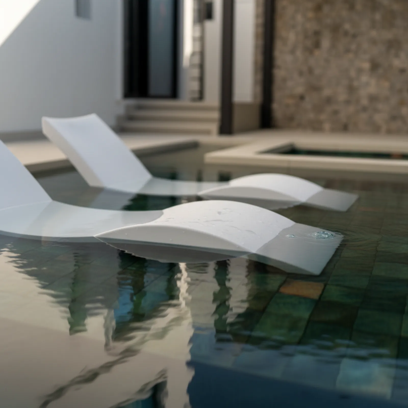 Sculptural loungers reflected in the shallow pool shelf