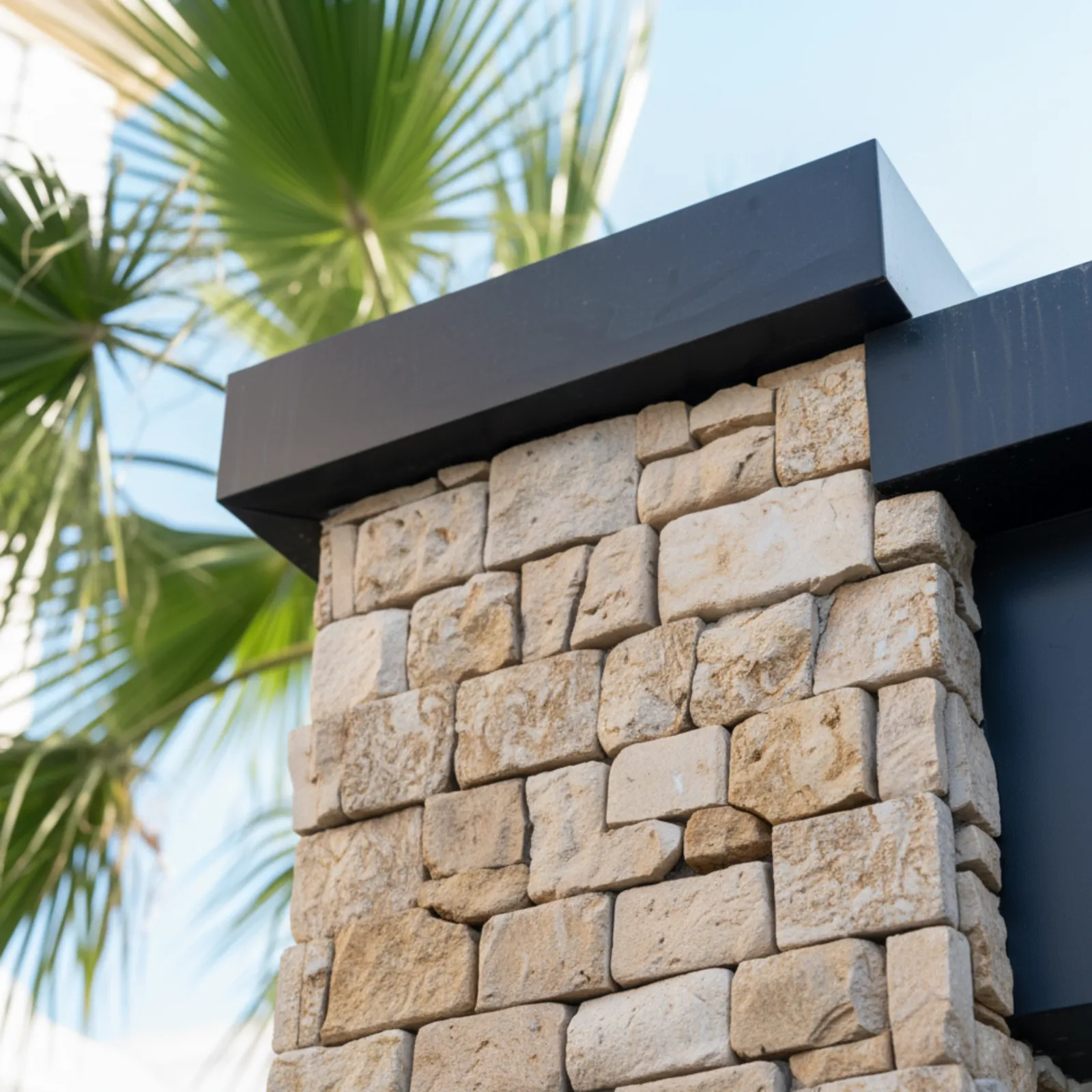 Stone-clad column meeting the dark cantilevered canopy